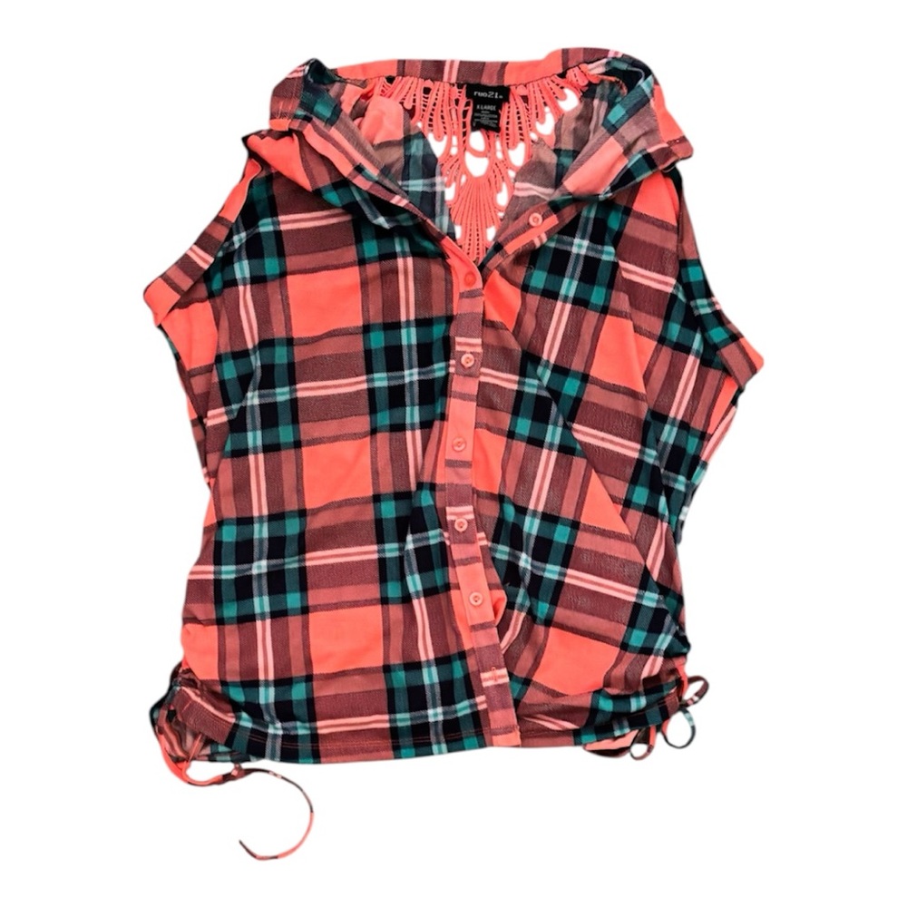 Rue21 Coral and Black Plaid Top with Lace Accent